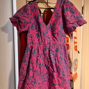 NWT Lilly Pulitzer Pink and Teal Floral V-Neck Puff Sleeve Dress